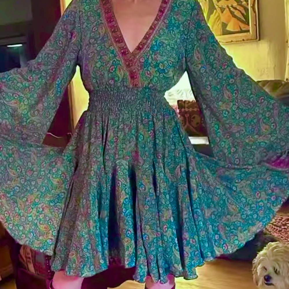 BELL SLEEVE SILK HOLIDAY DRESS, Boho Elegant Paisley Long Sleeve Dress